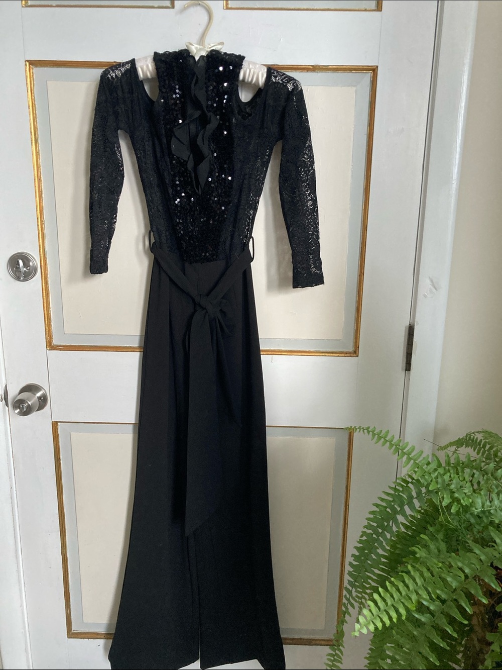 Black Long-Sleeve Lace & Sequin Jumpsuit with Waist Tie